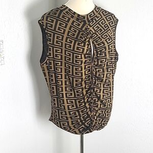 Geometric Black & Gold Sleeveless Top, Ruching & a Slit Center Bodice, Size 3X